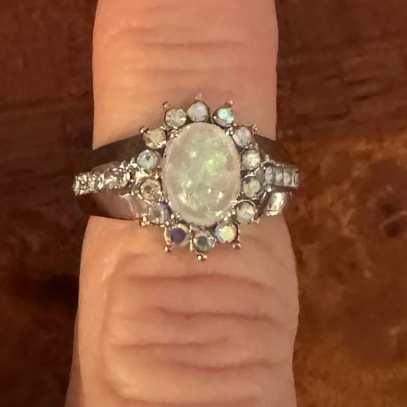 Opal Sunflower, Lab created, Flower Shape, Side Cubic Zirconia Fairy Ring, Sz 7 - Picture 5 of 13